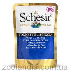 Schesir Tuna Seabass Шезир Тунець з Окунем вологий корм натуральні консерви для кішок, тунець з морським окунем в желе, пауч