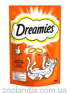 Dreamies (Дримс) лакомство для кошек и котят, хрустящие подушечки с начинкой, курица
