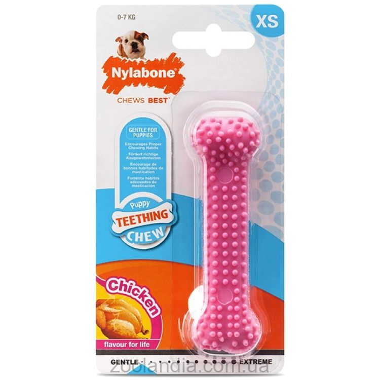Nylabone Puppy Chew Dental Bone жувальна іграшка кістка для цуценят, смак курки (рожева)