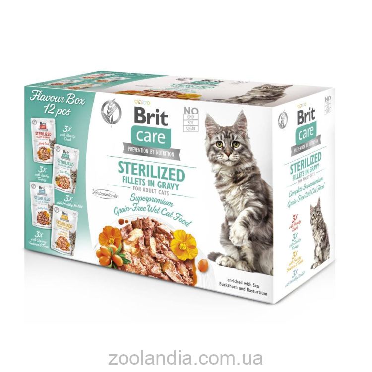 Brit Care (Брит Кеа) Cat Sterilized Flavour box Sterilized - Влажный беззерновой корм для стерилизованных кошек (филе в соусе, набор паучей)