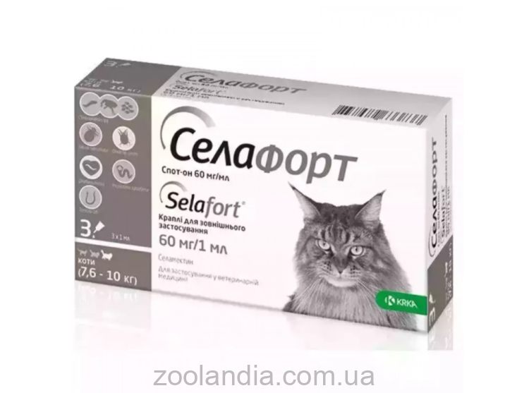 KRKA Селафорт - Капли от блох, клещей и гельминтов для взрослых животных 7.6-10 кг