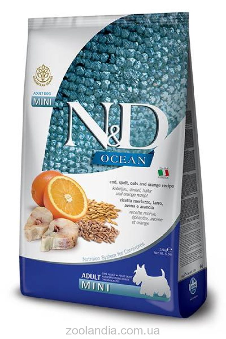 Farmina (Фармина) N&D Low Grain Dog Ocean Ancestral Adult Mini -  Низкозерновой сухой корм для взрослых собак мелких пород с треской и апельсином