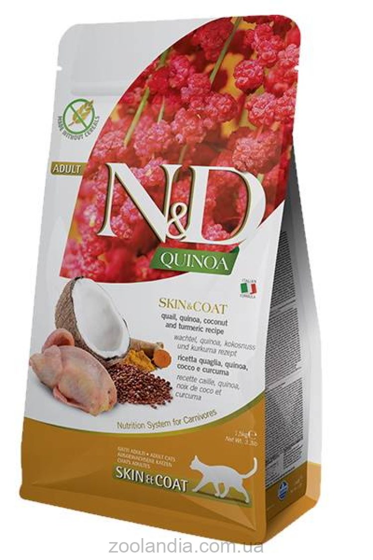 Farmina (Фармина) N&D Quinoa Skin&Coat - Беззерновой Сухой корм для взрослых котов при пищевой аллергии с перепелом, киноа, кокос и куркума