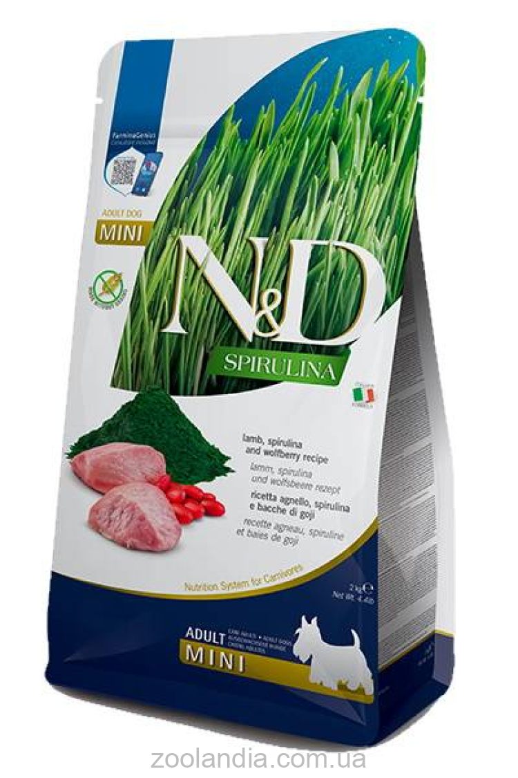 Farmina (Фармина) N&D Spirulina Lamb Adult Mini - Беззерновой Сухой корм для взрослых собак мелких пород с ягненком, спирулиной и ягодами годжи