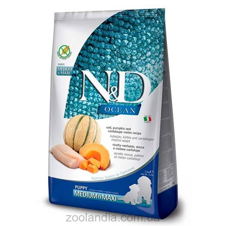 Farmina (Фармина) N&D Ocean Cod, Pumpkin & Cantaloupe Melon Puppy Medium & Maxi – Беззерновой сухой корм с треской и дыней для щенков средних и крупных пород