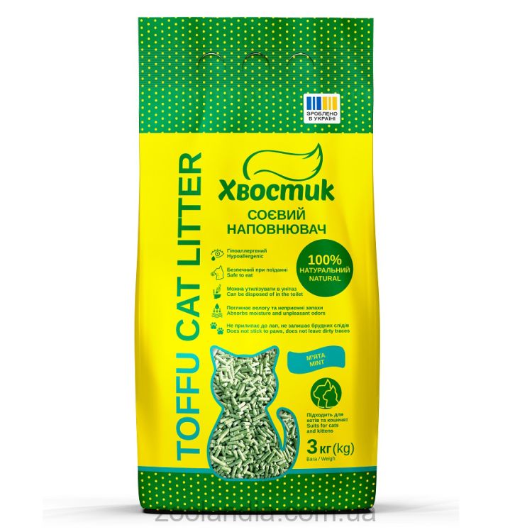 Хвостик Тофу Mint - Соевый наполнитель для кошачьего туалета с ароматом мяты