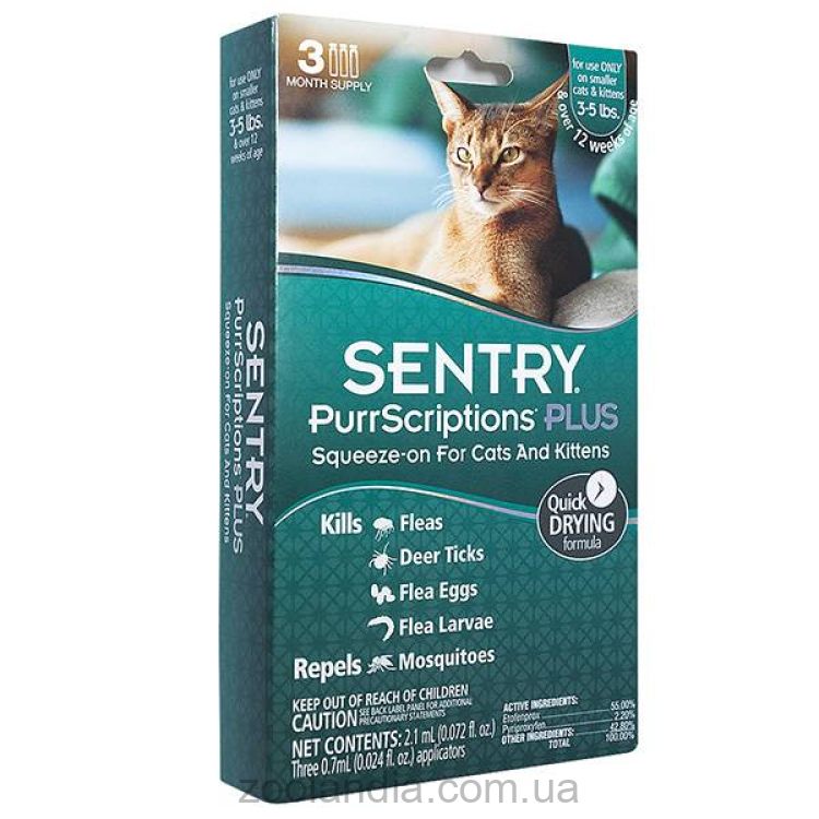 Sentry (Сентри) PurrScriptions - Капли от блох и клещей для кошек до 2,2 кг (0,7мл) 