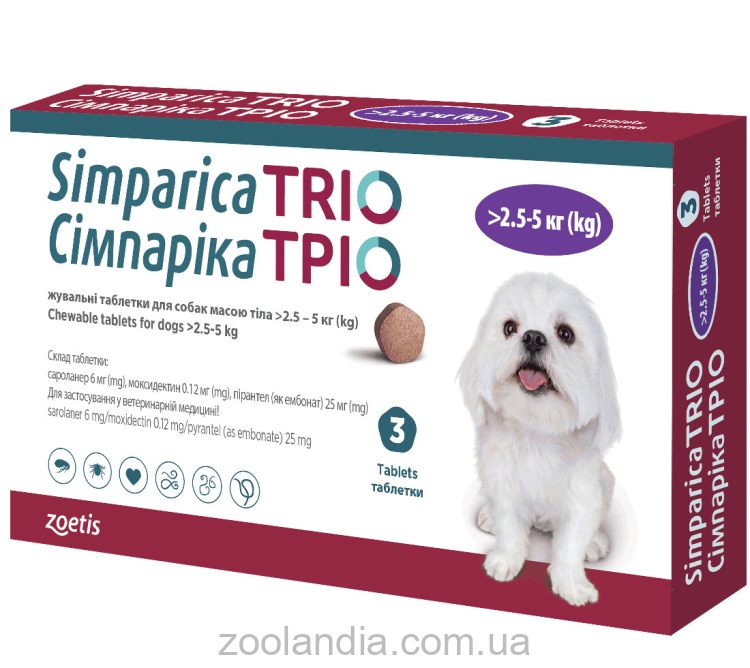Simparica Trio (Симпарика Трио)-жевательные таблетки от блох, клещей и глистов  для собак 2.5-5.0 кг