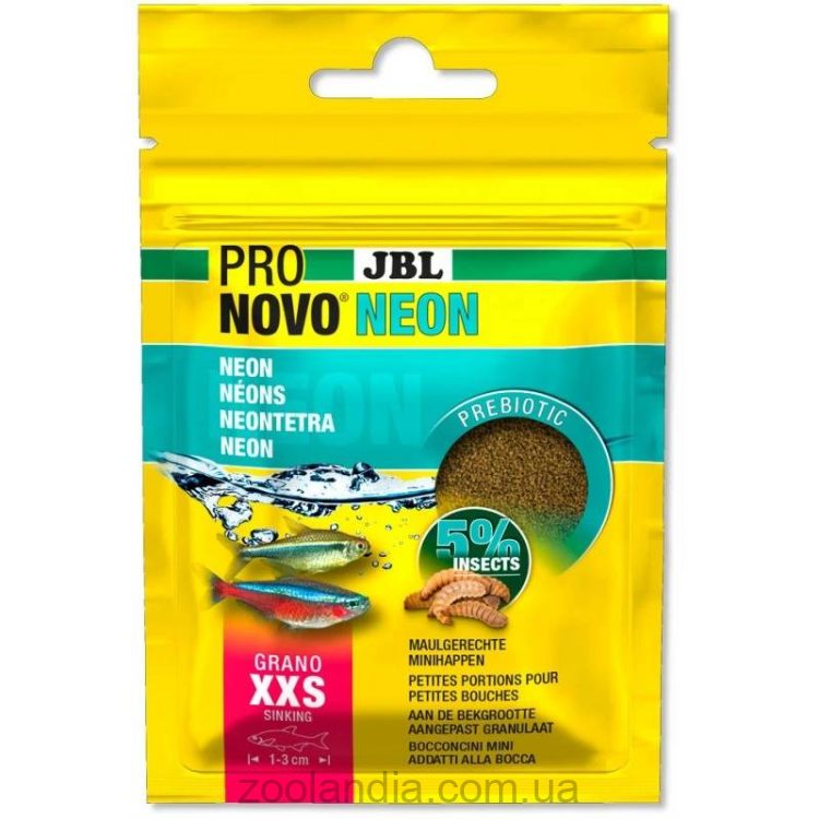 JBL (ДжиБиЭль) ProNovo Neon Grano XXS -  Аквариумный корм в виде гранул для неонов и мелких харациновых рыб, 1–3 см, размер XXS