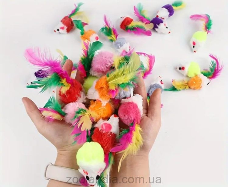 Игрушка для кошек мышка с перьями 11 см
