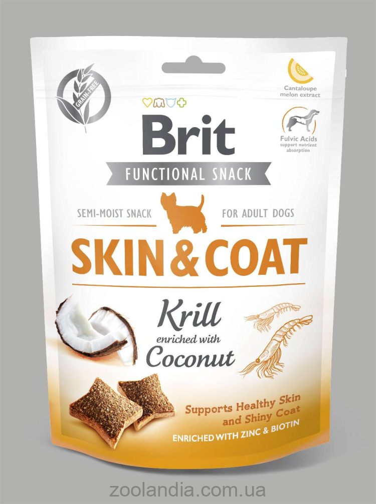 Brit Care Dog Functional Snack Skin&Coat Krill Функциональное лакомство для собак с мясом криля и кокосом для здоровой кожи и шерсти
