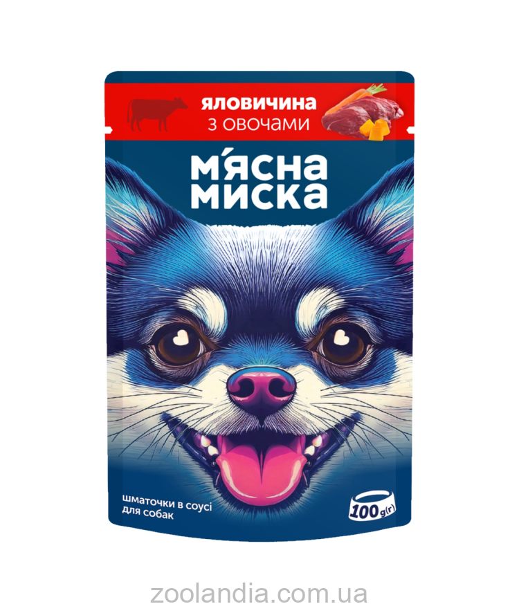 Мясная миска - Влажный корм для взрослых собак кусочки в соусе с говядиной и овощами