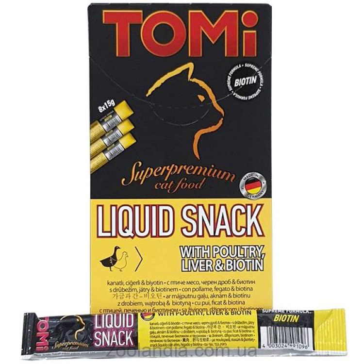ТOMi Liquid Snack Poultry, Liver&Biotin ТОМИ ПТИЦА И ПЕЧЕНЬ С БИОТИНОМ жидкое лакомство для котов, 1 стик, 15 грамм