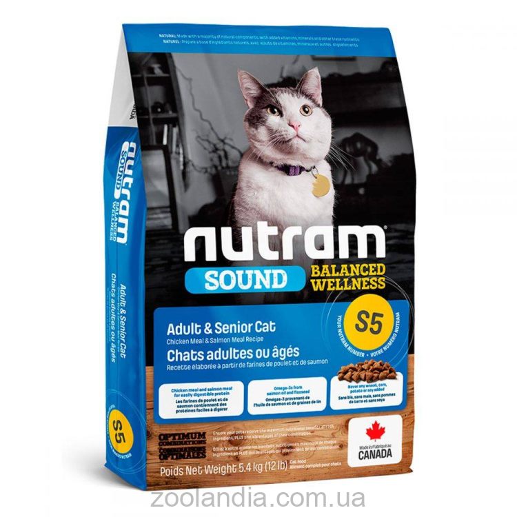 Nutram S5 Sound Balanced Wellness Natural Adult Senior Cat - Сухий корм з куркою та лососем для дорослих/літніх котів