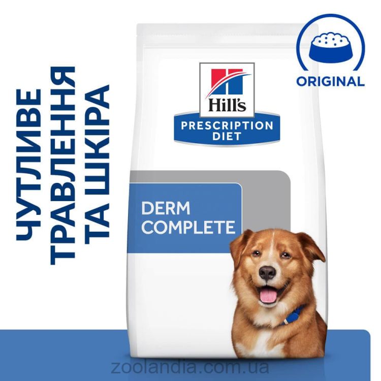 Hills (Хилс) Prescription Diet Canine Derm Complete - Лечебный сухой корм для собак при пищевой аллергии и атопическом дерматите (яйцо/рис)