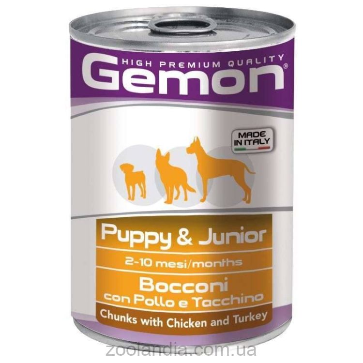 Gemon (Джемон) Dog Wet Puppy & Junior with Chicken & Turkey - Полноценный влажный корм с курицей и индейкой для щенков собак всех пород (кусочки в желе)