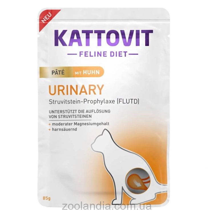 Kattovit Veterinary (Каттовит Ветеринари) Urinary Chicken -  Влажный лечебный корм для котов с заболеваниями нижних мочевыводящих путей (курица паштет)