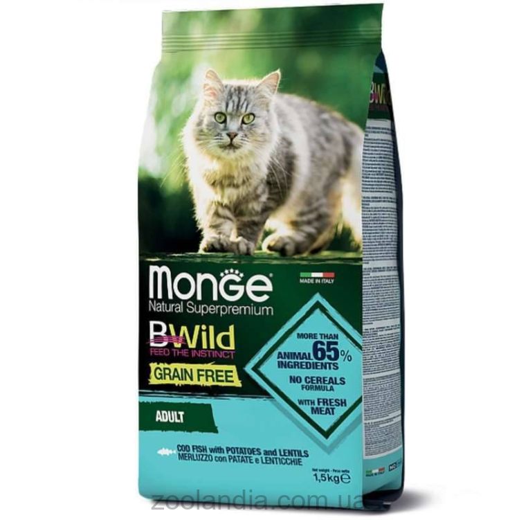 Monge (Монж) BWild Grain Free Cod Fish Adult Cat - Сухий беззерновий корм для дорослих кошік (з тріски, картоплі та сочевиці)