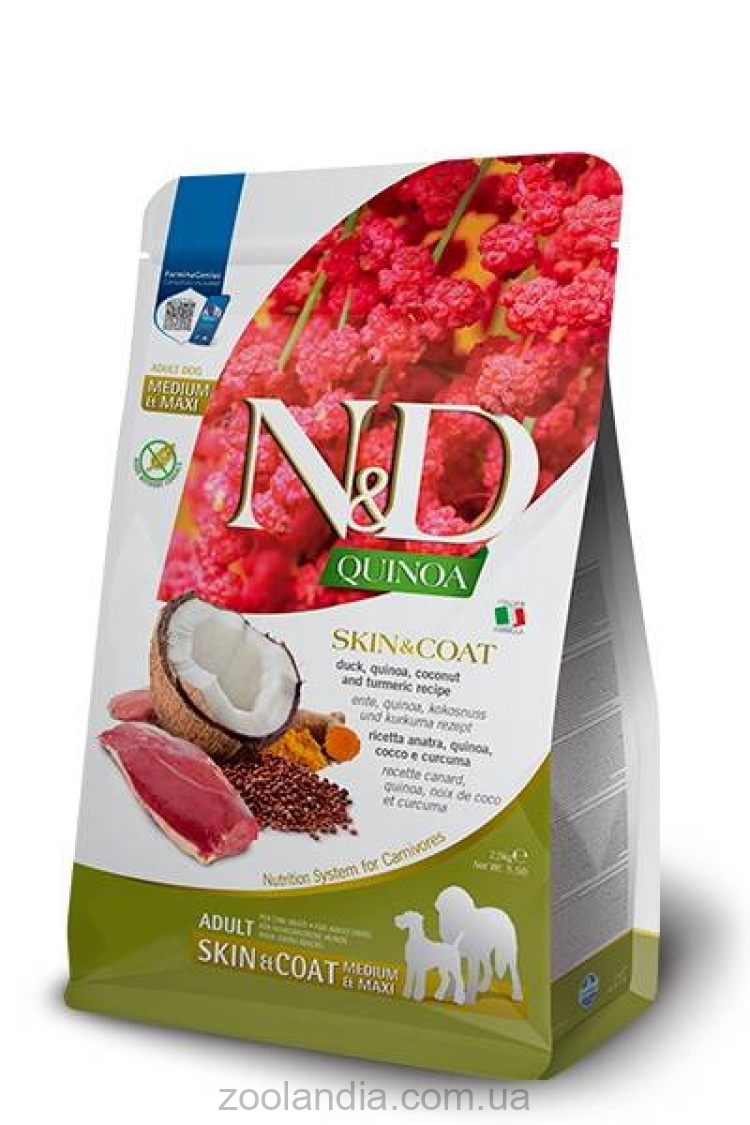 Farmina (Фармина) N&D Grain Free Quinoa Skin&Coat Adult Medium&Maxi - Сухой корм для собак средних и крупных пород при пищевой аллергии (утка/киноа/кокос/куркума)