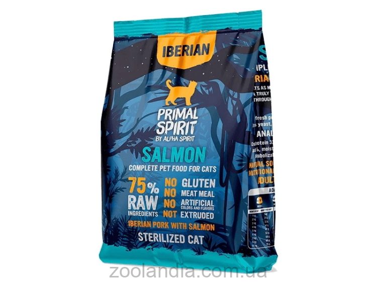 Primal Spirit Iberian Salmon Cat Сухой корм для взрослых стерилизованных и кошек с лишним весом  (иберийская свинина и лосось)