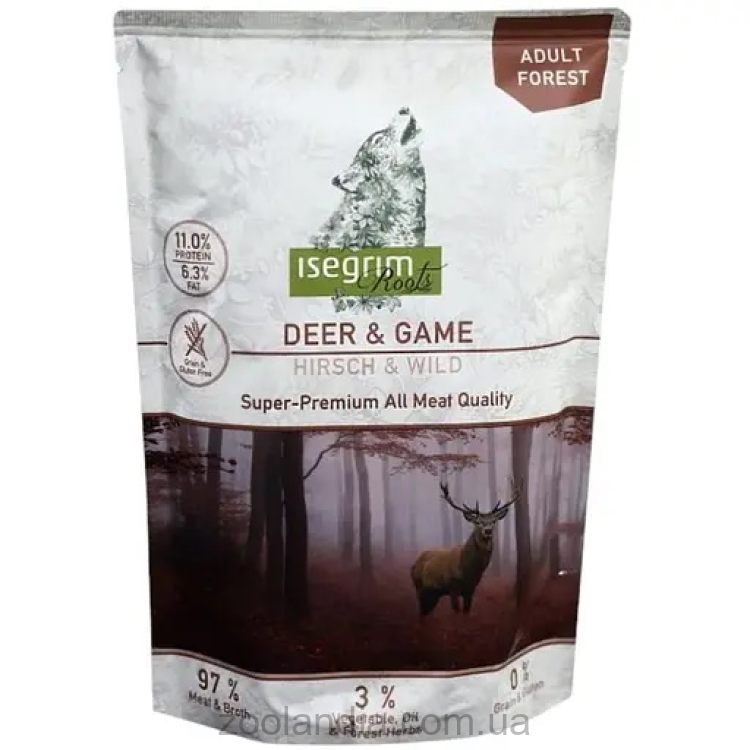 Isegrim (Изегрим) Adult Pouch Roots Deer & Game – Консервированный корм для взрослых собак оленина и дичь с корнем петрушки