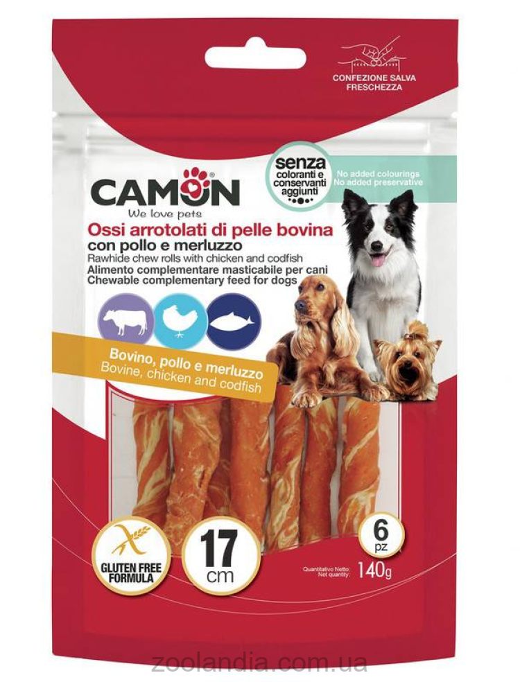 Camon (Камон) - лакомство для собак палочки из говяжьей кожи обмотанные курицей и треской 140г