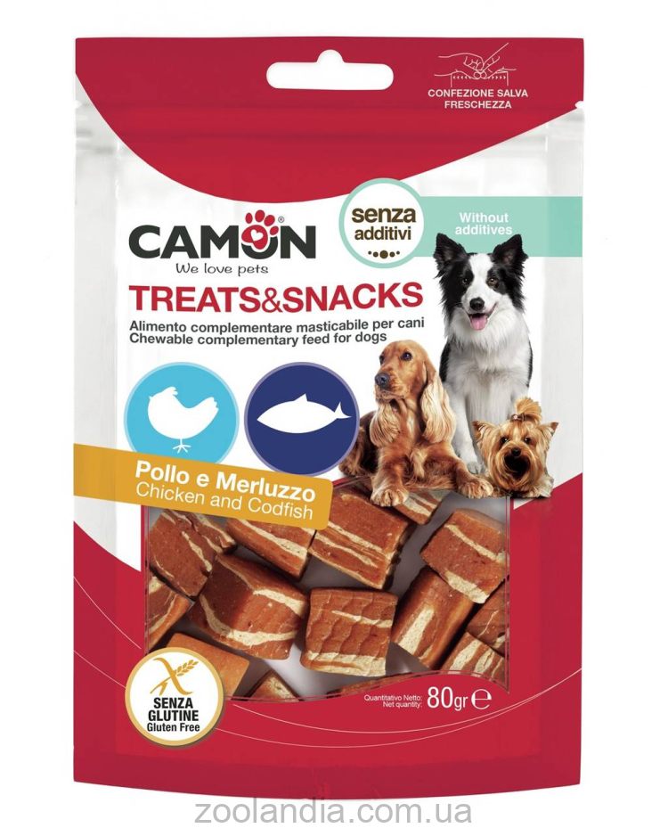 Camon (Камон) - лакомство для взрослых собак квадратики из курицы и трески 80г