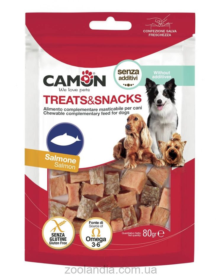 Camon (Камон) Treats & Snacks - лакомство для собак кубики лосося с кожей 80г