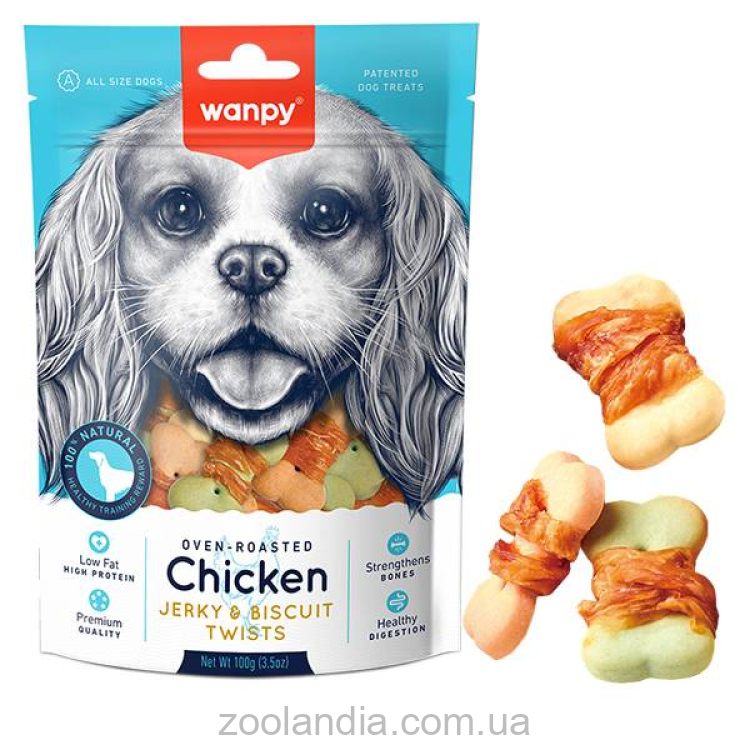 Wanpy (Ванпи) Chicken Jerky & Biscuit Twists Бисквит с вяленой курицей печенье - лакомство для собак