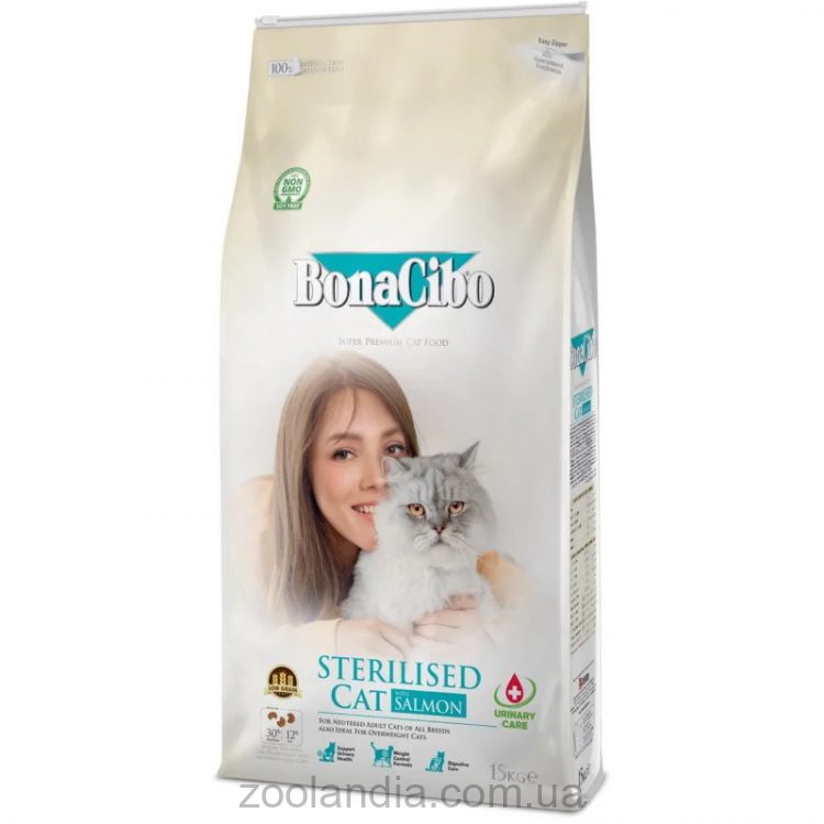 Bonacibo Sterilised Cat with Salmon (Бонасибо) корм для взрослых стерилизованных котов и кошек с лишним весом с лососем