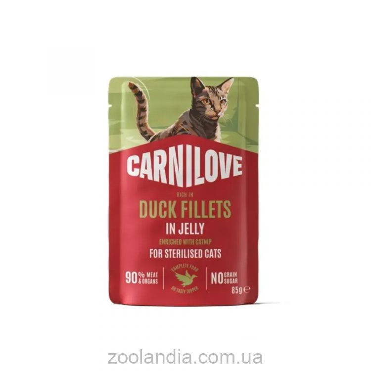 Carnilove (Карнилав) Cat Adult Jelly Duck with Catnip Sterilised  - Влажный беззерновой корм для стерилизованных кошек, утки и кошачьей мяты кусочки в желе