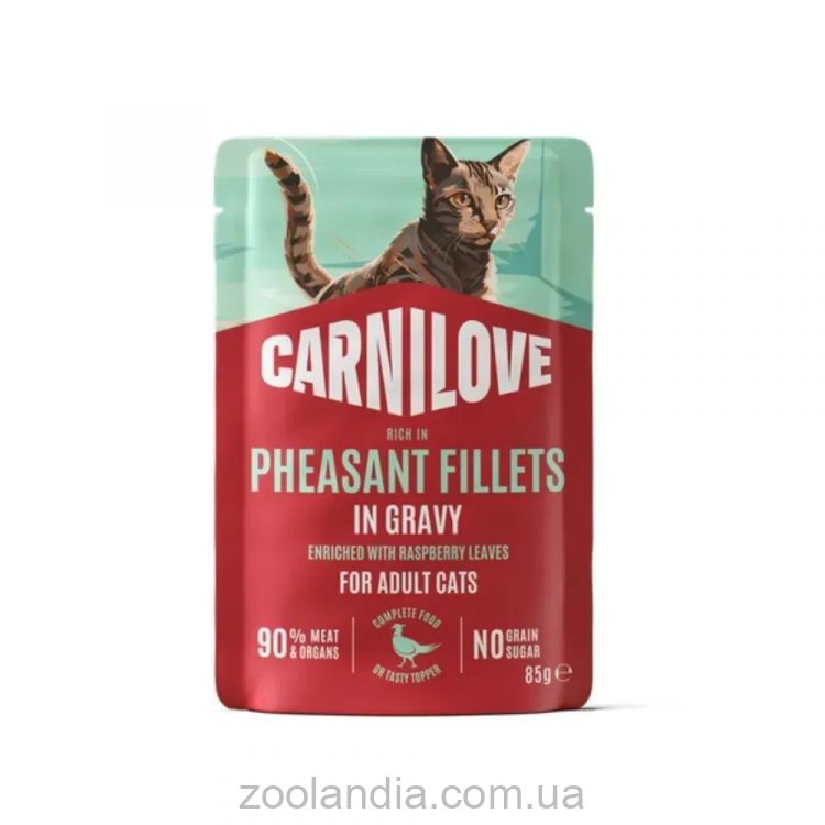 Carnilove (Карнилав) Cat Adult Gravy Pheasant with Raspberry Leaves - Влажный беззерновой корм для взрослых кошек всех пород, фазана с листьями малины кусочки в соусе