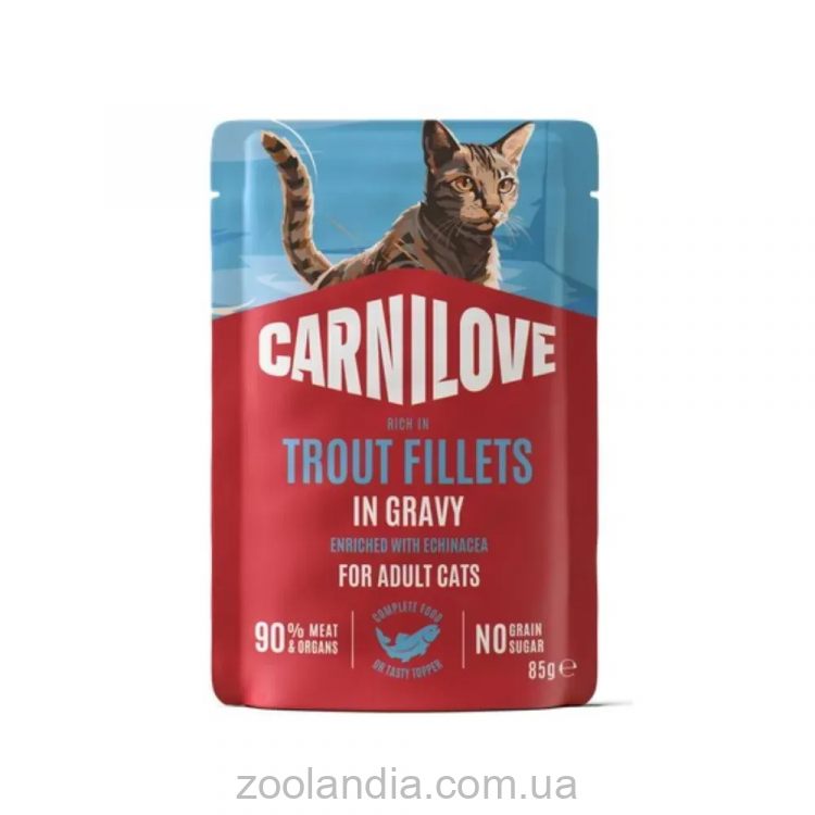 Carnilove (Карнилав) Cat Adult Gravy Trout with Echinacea - Влажный беззерновой корм для взрослых кошек всех пород, форели с эхинацеей кусочки в соусе