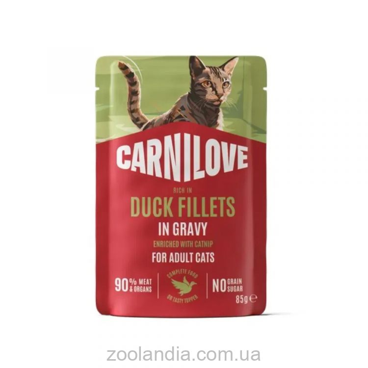 Carnilove (Карнилав) Cat Adult Gravy Duck with Catnip - Влажный беззерновой корм для взрослых кошек всех пород, утки с кошачьей мятой кусочки в соусе