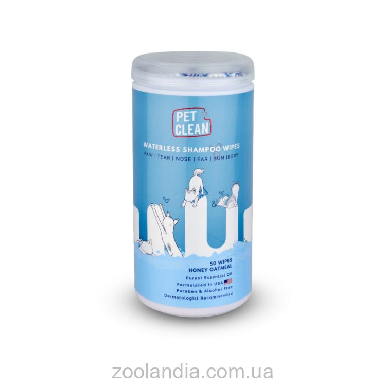 Pet Clean Pet Waterless Shampoo Wipes Салфетки влажные для домашних животных, быстрое очищение складок с медово-овсяным ароматом