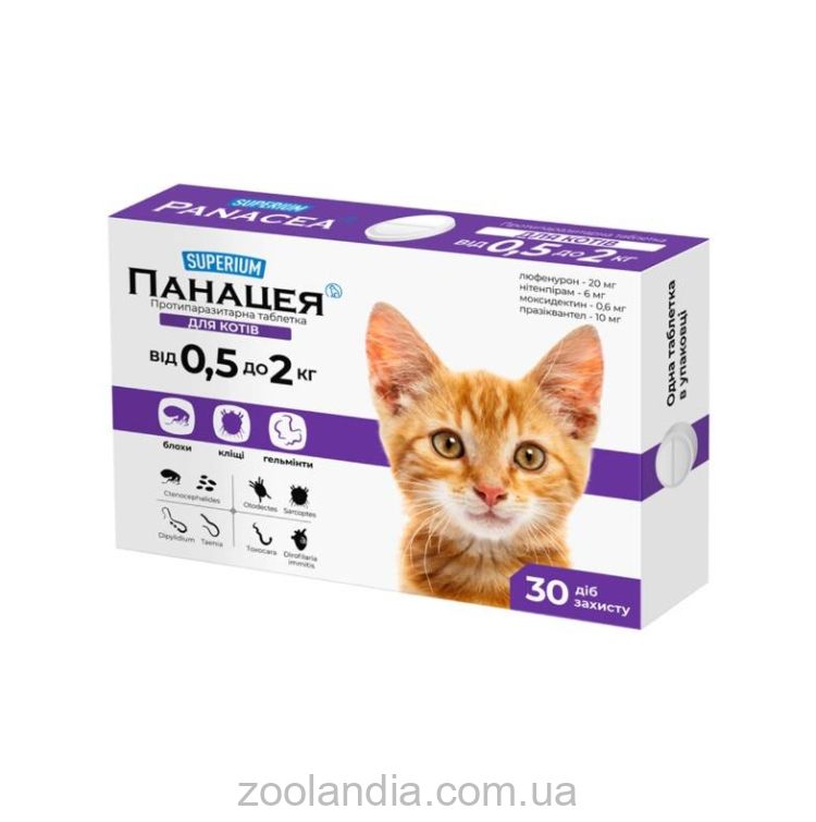 Superium (Супериум) Панацея таблетки от блох, клещей и гельминтов для кошек от 0.5 до 2кг