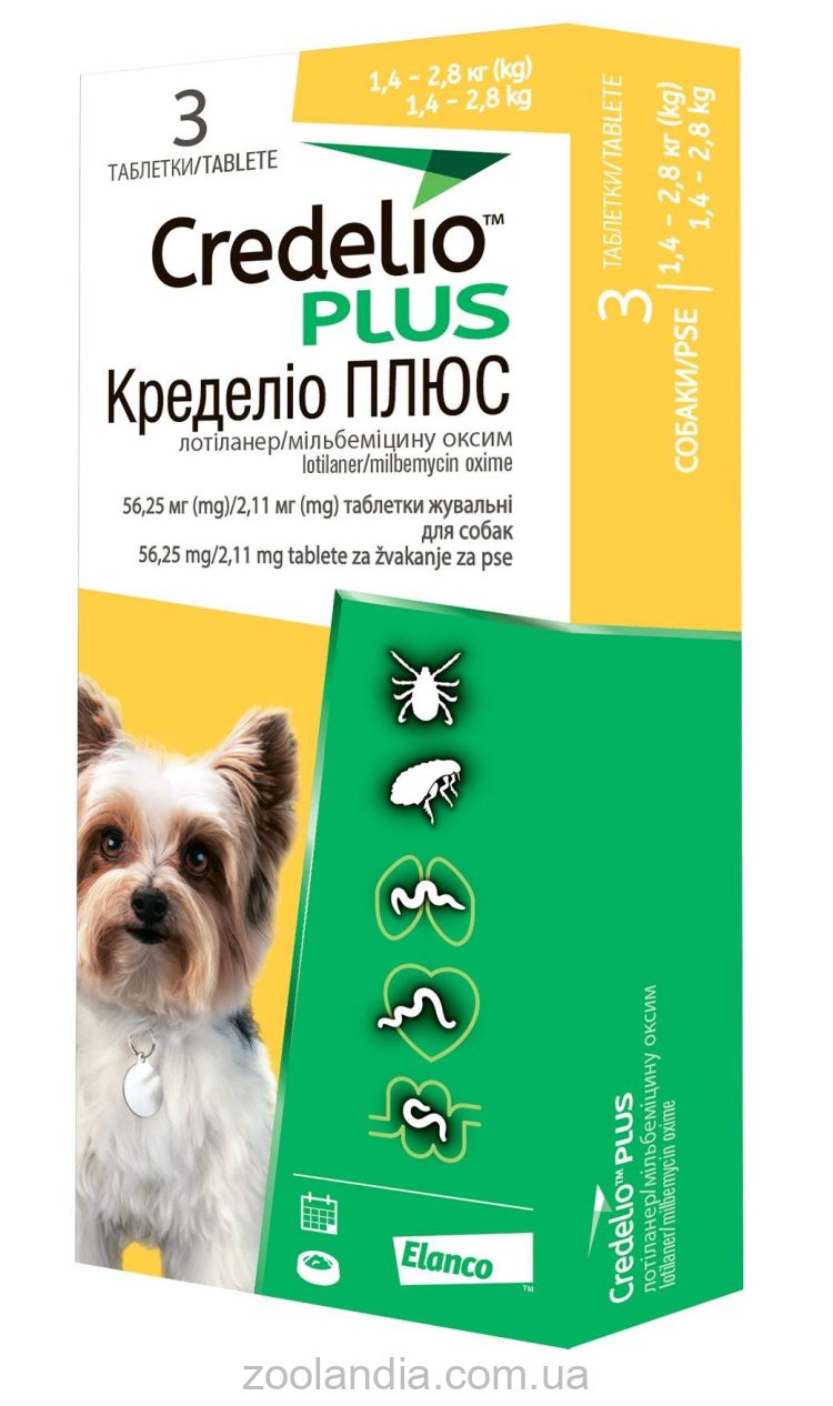 Credelio (Кределио) Plus - Жевательные таблетки от внутренних и внешних паразитов для собак от 1,4 до 2,8 кг
