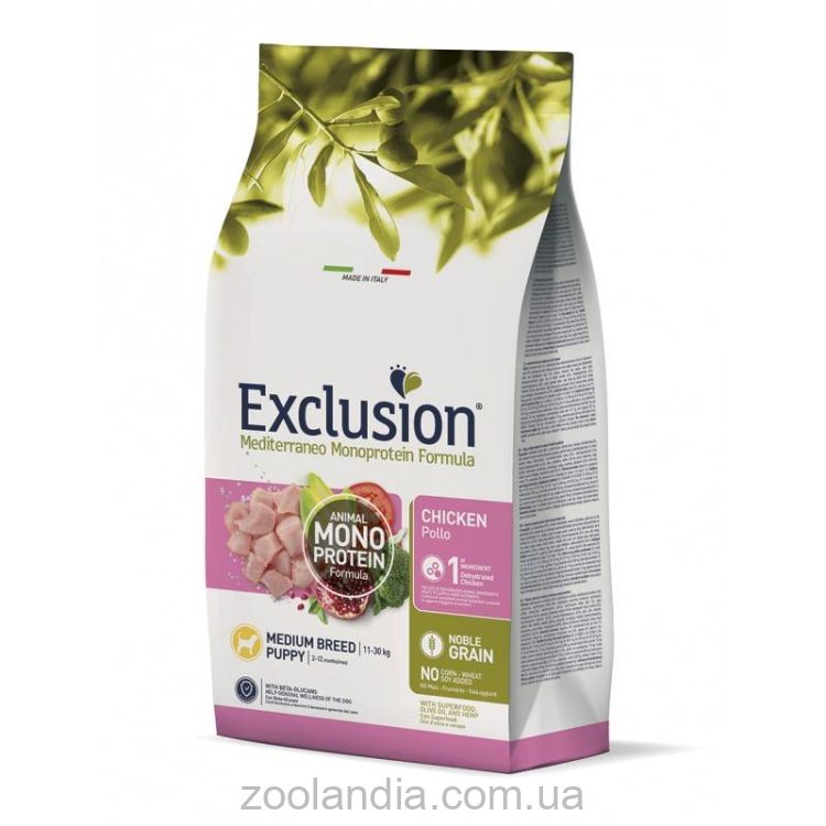 Exclusion (Эксклюжн) Puppy Chicken Medium Breed- Монопротеиновый корм для щенков средних  пород с курицей