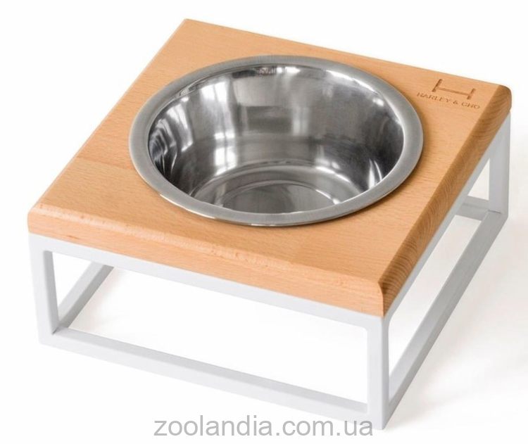 Harley & Cho (Харли энд Чо) Lunch Bar Natural wood + White одинарная миска на подставке для кошек и собак