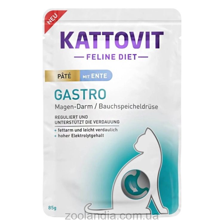 Kattovit Veterinary (Каттовит Ветеринари) Gastro – Влажный лечебный корм для котов с заболеваниями желудочно-кишечного тракта и поджелудочной железы (утка паштет)