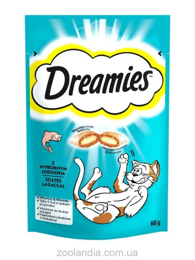 Dreamies (Дримс) лакомство для кошек и котят, хрустящие подушечки с начинкой, лосось