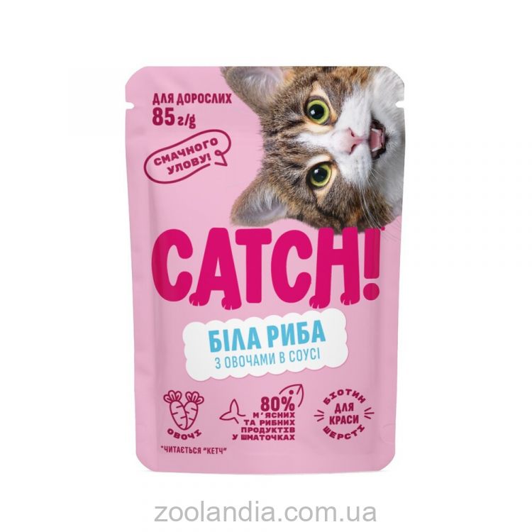 Catch! Влажный корм для взрослых кошек всех пород, белая рыба и овощи кусочки в желе