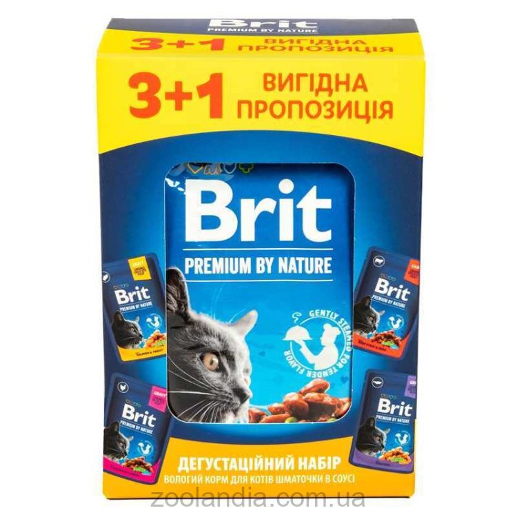 Brit Premium (Брит Премиум) Chunks Delicate Meat in Gravy - Влажный корм для котов Мясные кусочки в соусе набор 3+1