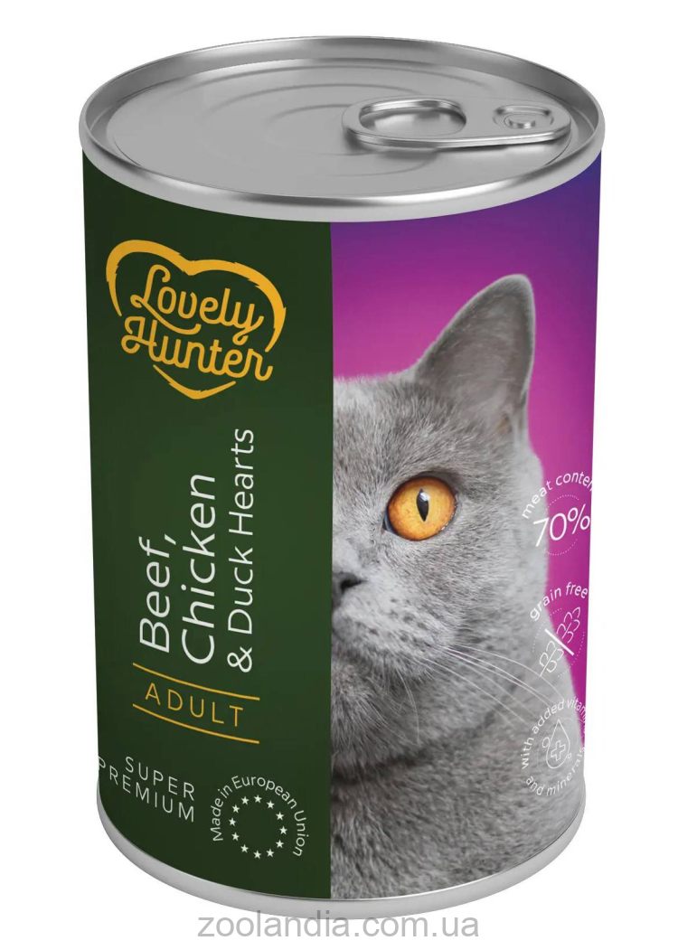 Lovely Hunter (Лавли Хантер) Adult with Beef, Chicken and Duck hearts – Консервированный корм для взрослых котов (говядина/курица/утиные сердца)