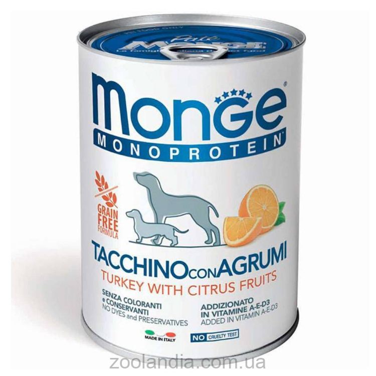 Monge (Монж) Dog Monoprotein Fruit Turkey with Citrus - Влажный монопротеиновый корм для собак, индейка с цитрусами