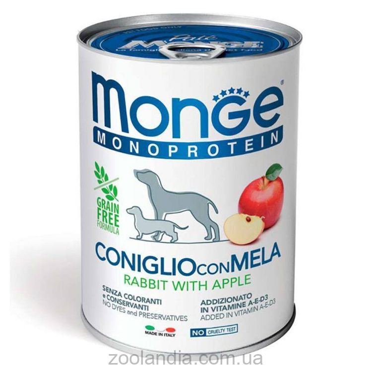 Monge (Монж) Dog Monoprotein Fruit Rabbit with Apple - Влажный монопротеиновый корм для собак, кролик с яблоком