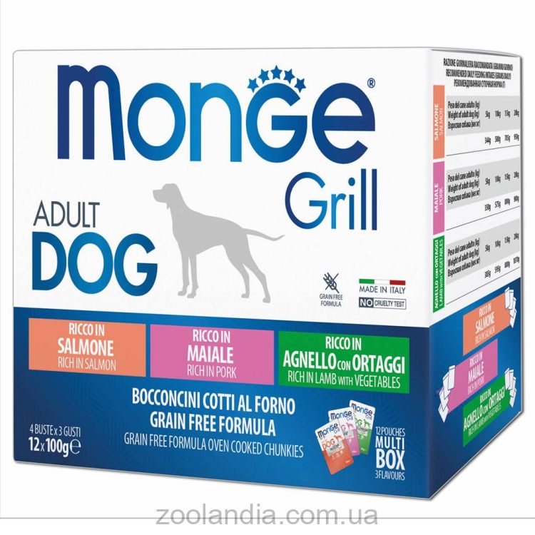 Monge (Монж) Grill Adult Dog Multipack Lamb & Pork & Salmon - Набор паучей для собак с ягненком и овощами, свининой, лососем