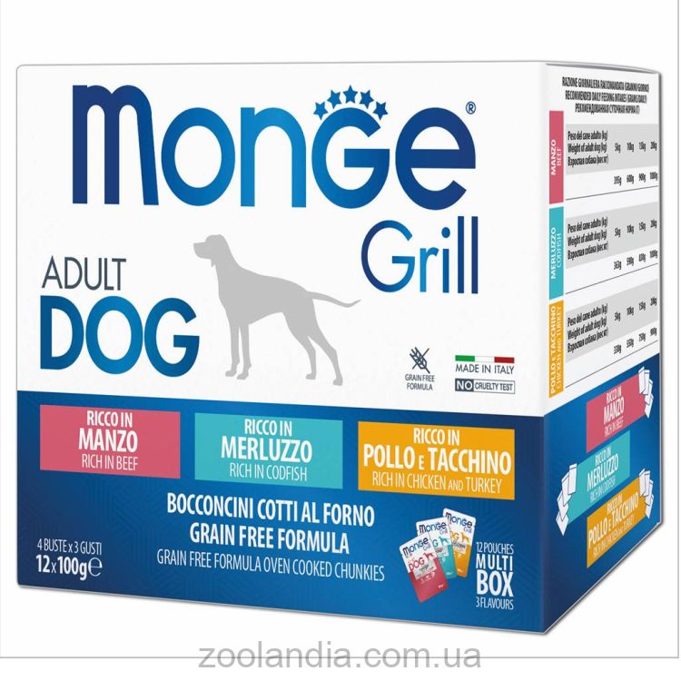 Monge (Монж) Grill Multipack Chicken & Turkey & Beef & Cod Fish - Набор паучей для собак с курицей, индейкой, говядиной, треской