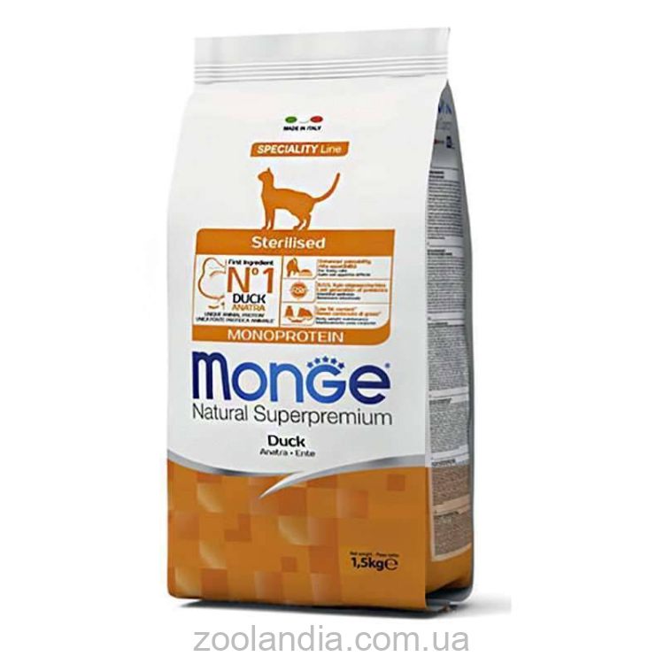Monge (Монж) Monoprotein Sterilised Cat Duck – Сухой монопротеиновый корм для стерилизованных котов и кошек (с уткой)