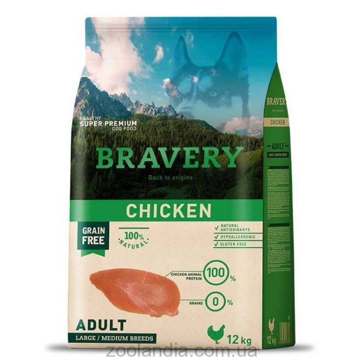Bravery (Бравери) Chicken Adult Large/Medium - Сухой беззерновой корм с курицей для взрослых собак средних и крупных пород